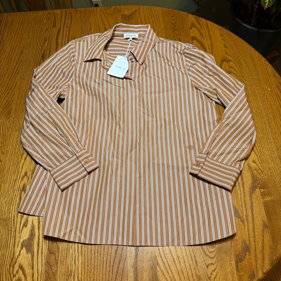 Lafayette 148 Women's Brown Ruxton Striped Button-Down Blouse Top Size XL NWT - Picture 1 of 6